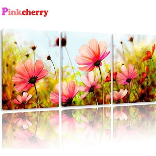 5D Diy Diamond Painting 3 pcs Teal pink Wildflowers Black and White Triptych Diamond Embroidery Mosaic Full Square Round Drill