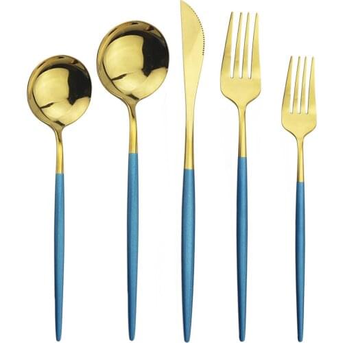 5Pcs Gold Cutlery Set Dessert Fork Spoon 304 Stainless Steel Dinnerware Colorful Mirror Kitchen Flatware Silverware Dinner Set