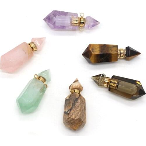 Natural Perfume Bottle Stone Pendants Necklace Crystal Agates Amethysts Essential Oil Diffuser Stone Charms for Jewelry Making