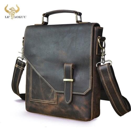 New Crazy Horse Leather Male Vintage Tote Messenger bag Design Satchel Cross-body One Shoulder bag 10" Tablet Case For Men 2486