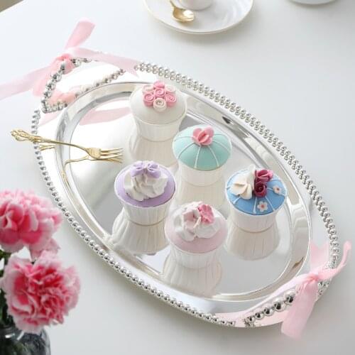 Oval silver metal serving tray decorative cake stand with handle tea tray cutlery tray for cake display Home decor tray FT025b