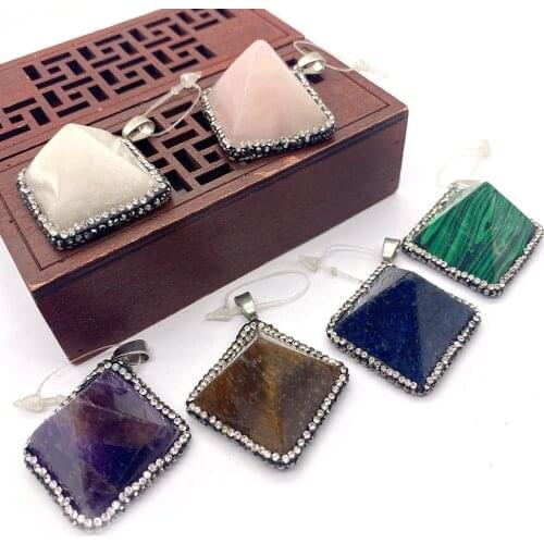 Natural Stone Necklace Pendant Rhombus Malachite Green Aventurine Pink Crystal Diamond DIY Jewelry Making Ladies Accessories