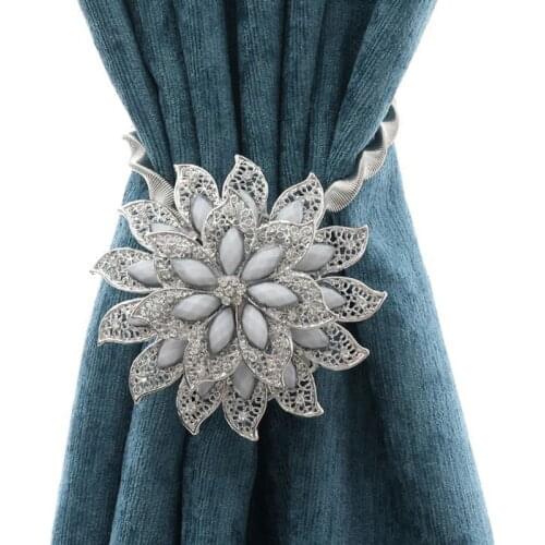 1Pcs Crystal Curtain Tieback Elasticity Curtain Straps Metal Rhinestone Curtains Holder Clips Flower Shaped Curtain Accessories