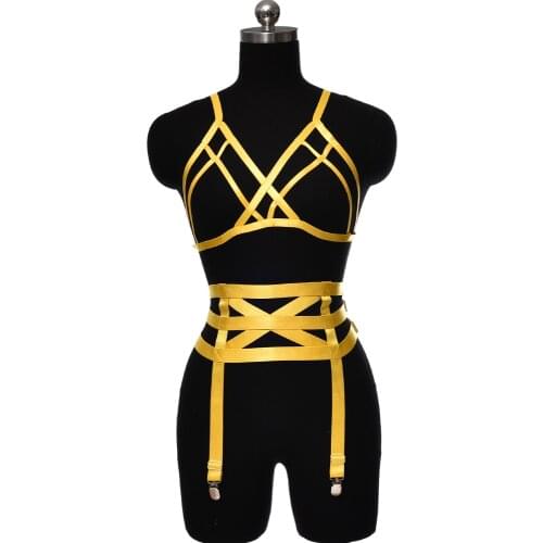 Bright Yellow Body Harness High Waist Garter Bondage Body Cage Lingerie Suit Women Crop Top Bra Adjustable Full Harness Cage
