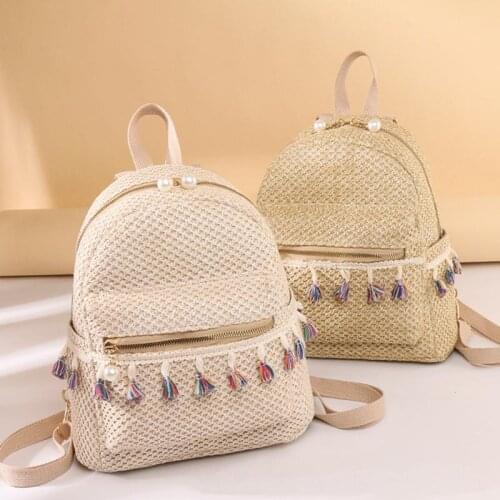 Portable Weave Straw Backpacks Women Girls Tassel Casual Travel Shoulder Schoolbag Ladies Simple Large Capacity Knapsack
