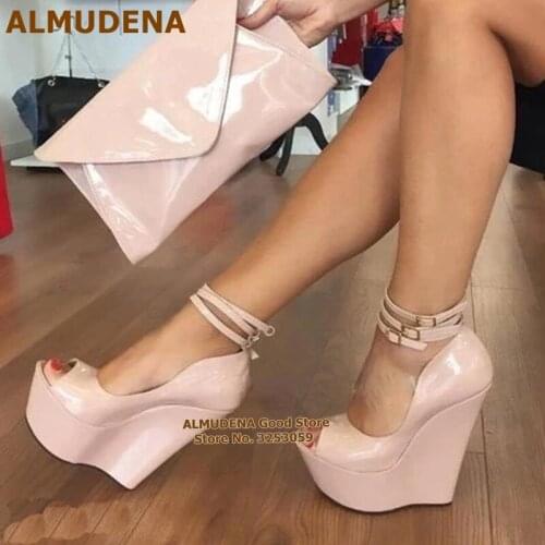 ALMUDENA Nude Black Wedge Heel Dress Shoes High Platform Peep Toe Gladiator Shoes Ankle Buckle Strap Embellished Wedding Shoes