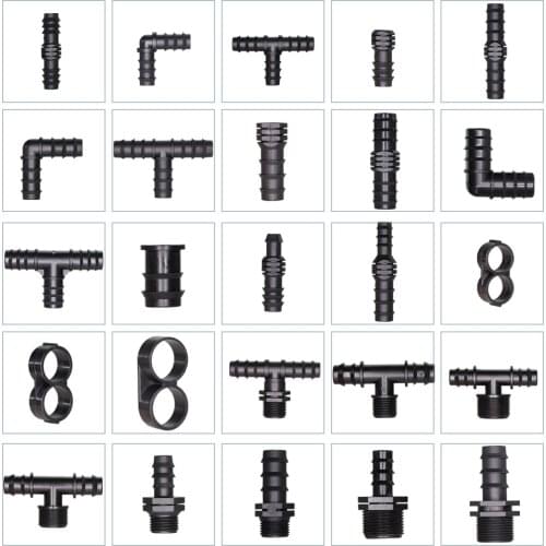 24 kinds of Garden Irrigation 16 20 25mm Tubing Barbed Connector Fitting Tee Elbow Couplings End Plug Micro Drip Adapter