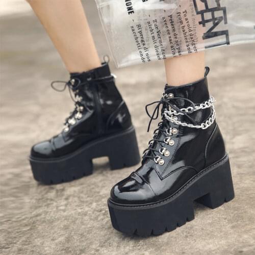 Womens Platform Chain Motorcycle Boot 2020 Women Patent Leather Punk Chunky Heel Ladies Lace Up Pump Female Footwear Woman Shoe