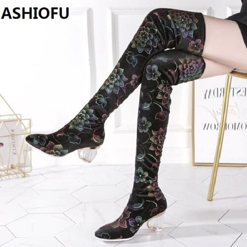ASHIOFU Handmade Retro Ladies Thigh High Boots Flower Stretch Leather Over Knee Boots Slim Sexy Party Fashion Winter Long Boots