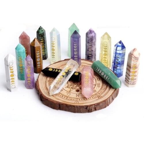 1PC Natural Carved Moon Phase Change Crystal Wand Citrine Points Chakra Stones Meditation Obelisk Healing Gift Home Decoration