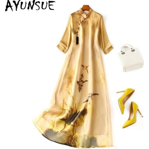 100% Real Silk Summer Dress 2020 Vintage Elegant Maxi Dress Women Clothes Cheongsam Ladies Dresses Yellow Dress Vestidos 81050