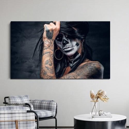 Abstract Canvas Painting Wall Art Portrait Posters Black Skull Tattoo Sexy Girl Modern Wall Picture Cuadros Home Decor No Frame