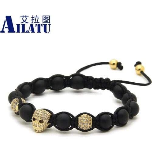 Ailatu 10pcs/lot 8mm Natural Matte Onyx Stone Clear Zircons Heart Skull Braided European American Weaving Mens Bracelets