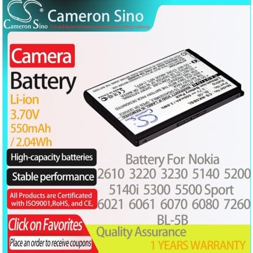 CameronSino Battery for Nokia 2610 3220 3230 5140 5140i 5200 5300 5500 5500 Sport 60206021 N80 fits iSpan BTA002 camera battery