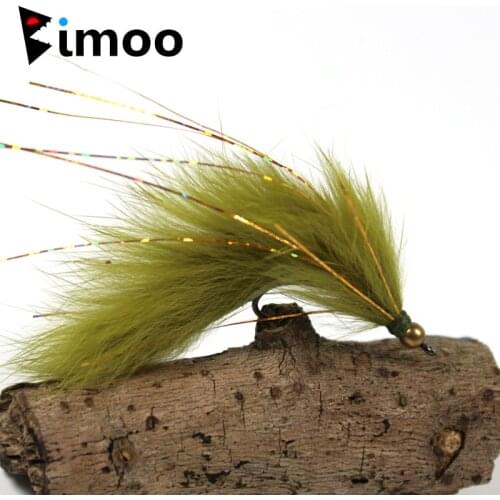 Bimoo 6PCS 6# Olive Copper Beadhead Zonker Fly Fishing Streamers