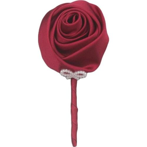 Burgundy Best Men Corsages Prom Accessories Boutonniere Satin Rose Flowers Pin Handmade Wedding Corsage Pin Brooch XH0676