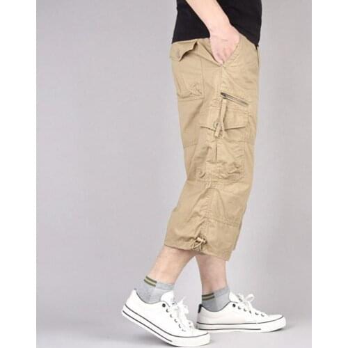 Men Cropped Cargo Trousers Summer Casual Solid Color Breathable Pocket Loose Straight Capri Cropped Pants Running Sportswear