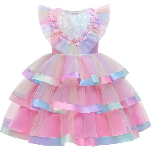 2021 Summer Flower Girls Dress Costume Elegant Tutu Princess Dress Kids Formal Dresses For Girls Party Wedding Clothes 3-10 Age