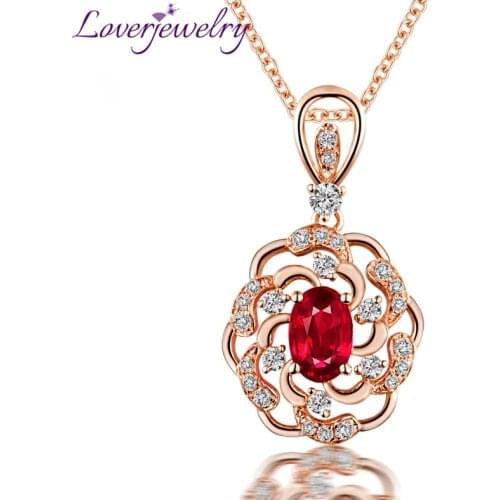 LOVERJEWELRY Elegant Red Ruby Stone Pendant Women Necklace Jewelry 14K Rose Gold Natural Diamonds Pendant For Girls Party Gift