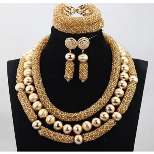 Fantastic Champagne Gold Crystal Bridal Jewelry Set African Nigerian Beaded Jewelry Set New Year Gift Free Shipping WD990
