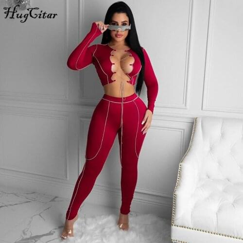 Hugcitar 2020 Long Sleeve Hollow Out Bandage Parthwork Tshirt Top Leggings 2 Pieces Set Autumn Winter Women Sexy Tracksuit Rompe