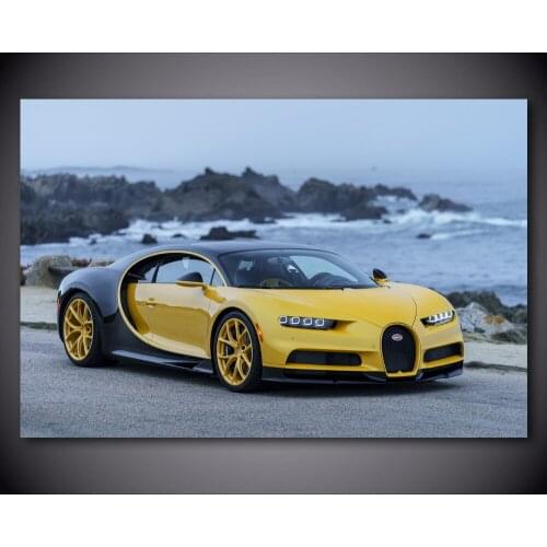 Canvas Painting BUGATTI Chiron Yellow Car Roadster Seaside Wall art Picture Silk Posters and Prints Modern Home Decorations