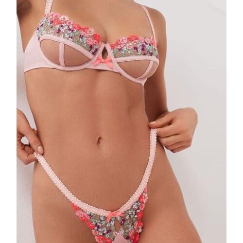 Best selling New Womens lace embroidered underwear thin mesh see-through sexy erotic lingerie underwire gather bra thong set