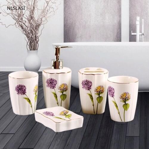 Lavender Series Home Bathroom Set Ceramic Accessories Toothbrush Holder Lotion Bottle Soap Dish Bath Mouth Cup Five Piece Set