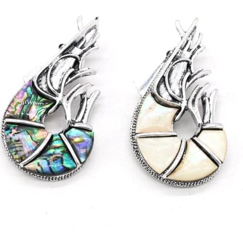 Natural Abalone Shell Pendant Silver Shrimp Animal Pendant Charms for Making Handmade Jewelry Necklace Accessorie 28x52mm