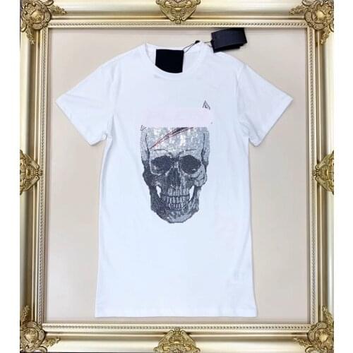 Womens new round collar casual diamond-encrusted skull T-shirt - 2020 - short sleeves