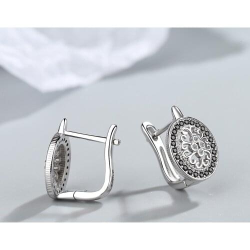 1.5cm Classic 925 Sterling Silver Round Black CZ Earring Trendy Spinel Engagement Hoop Earrings for Women Fine Jewelry Bijoux