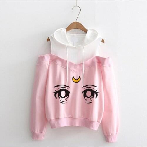 Kpop Plus Size Sailor Moon Off Shoulder hoodies Kawaii Clothing Women Harajuku Off Shoulder Sweatshirt streetwear Teen clothes