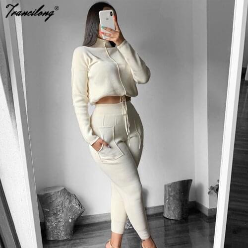 Cropped Sweatshirt Sports Casual Suit 2020 Tracksuit Women Turtleneck Chandal Mujer Lounge Wear Two Piece Pants Set Winter Fall