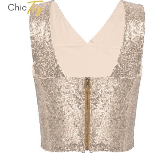 Girls Crop Tops Shiny Sequin Slim Fit Cropped Vest Ladies Fashion V Neck Sleeveless Back Zipper Tank Top Sexy Club Street Wear