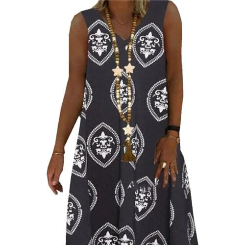 Vintage Sexy Floral Print A-line Summer Loose Sleeveless Mini Dress T-Shirt Dresses Swing Tank Dress Party Black