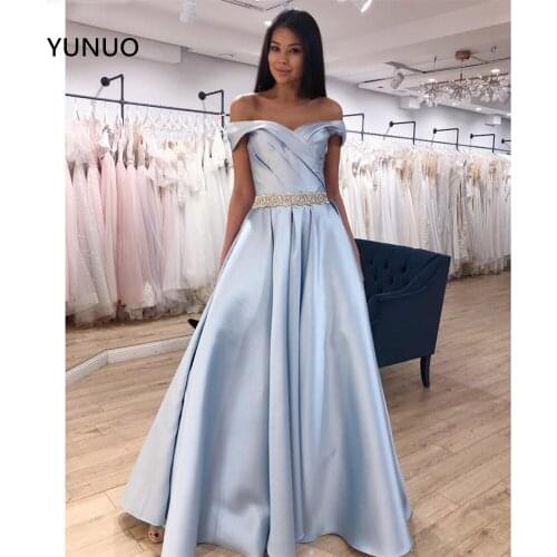 YUNUO Beading Robe De Soiree Silver Satin Formal Evening Dresses 2021 Off Shoulder Prom Party Gown Long выпускные платья