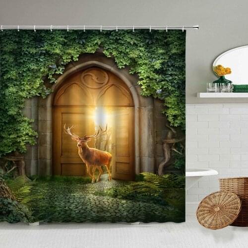 Fairy Tale Dream Forest Shower Curtain Elk Green Tree House Cartoon Fantasy Children Bathroom Waterproof Polyester Curtains