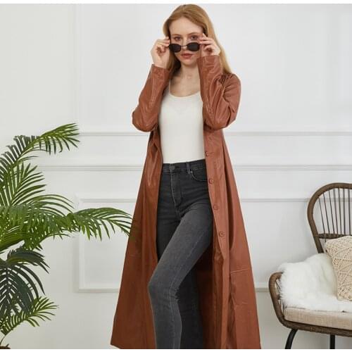 Spring and Autumn Long Leather Jacket Women Long Sleeve Long Leather Jacket Slim Fit Chinese Style Fashion Leather Jacket