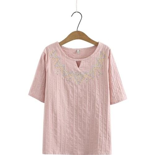 Plus Size XL-4XL Womens Summer Tshirts Floral Embroidery Simple Tops Oversized Full Cotton A-line Shirts