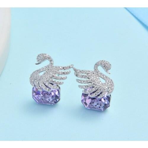 2020 New Korean Cute Swan Earrings Shiny Purple Black Zircon Stone Earings for Women Stud Earring Fashion Jewelry Party Gift