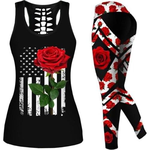 Womens Over Printed Yoga Suit Plant Skull Rose Hollow Vest Tank Top High Waist Leggings Sports Ladies Suit