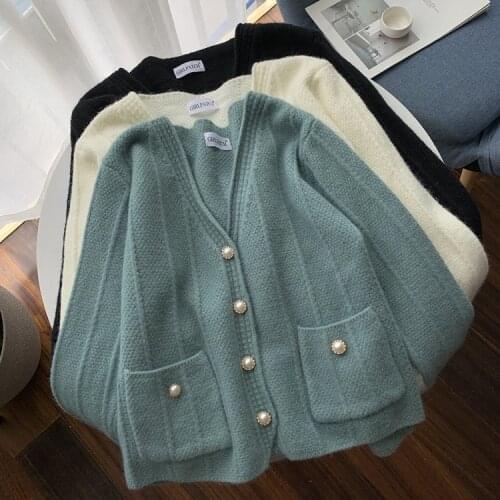 2020 Women Autumn Temperament V-Neck Single-Breasted Striped Sweater Refined Pearl Button Solid Color Sweater Cardigan Women