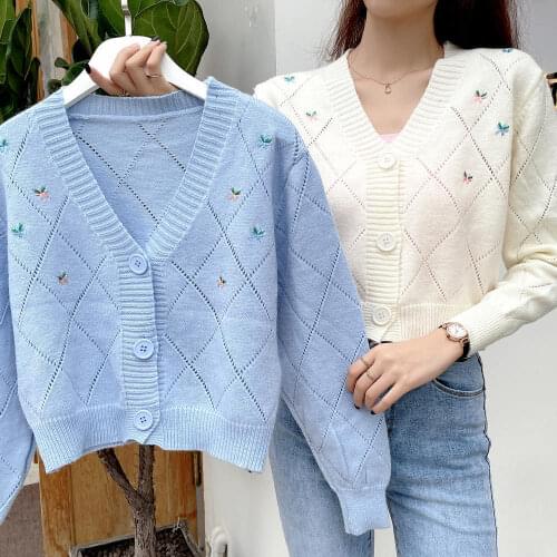 Womens Spring Autumn Long Sleeve V Neck Floral Cardigans Casual Sweet Knitwear Outwear Top Ladies Knitting Sweater Jacket