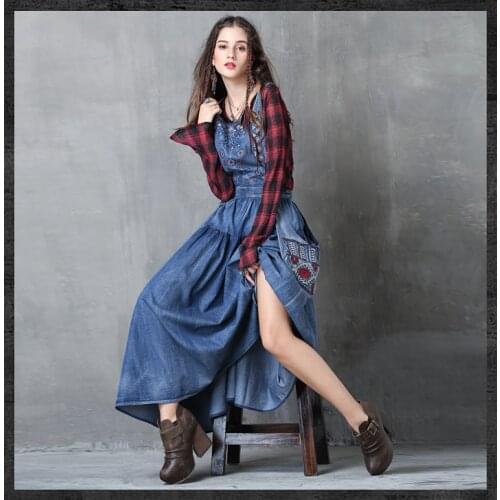 Women Summer Tank Dress Ladies Embroidered National Style Denim Dress Female 2020 Dress