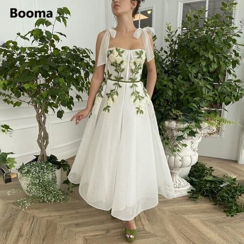 Booma Ivory Mesh Net Tulle Midi Prom Dresses Bow Straps Appliques A-Line Wedding Party Dresses Tea-Length Formal Evening Gowns