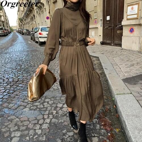 Korean Chic Pleated Design Elegant Temperament Wild Dress Female Turtleneck Bubble Sleeve With Belt Solid Dress Spring Fall New
