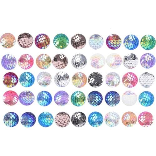 50Pcs DIY Craft Resin Cabochons For Bracelet Earrings Making Accessories 12mm Mix Color Mermaid Fish Scale Flat Back