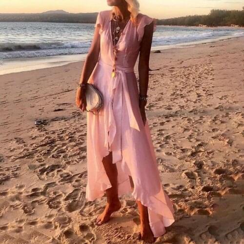 60% Dropshipping!Summer Fashion Womens Bohemian Style Dress V-neck Solid Color Short Sleeve Irregular Hem Long Skirt Dress
