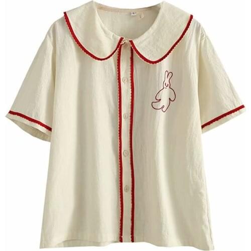Beige Women Blouses Cartoon Rabbit Embroidery Wave Pattern Blouse 2020 Summer Short Sleeve Peter Pan Collar Sweet Style Shirt