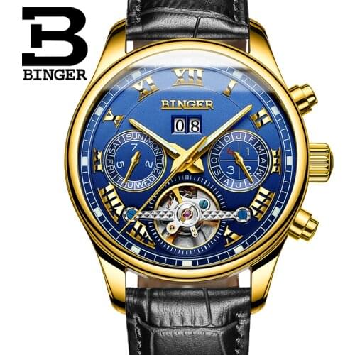Switzerland Skeleton Automatic Watches Men mechanical Watch BINGER Multifunction Military Leather Wrist watch relogio masculino